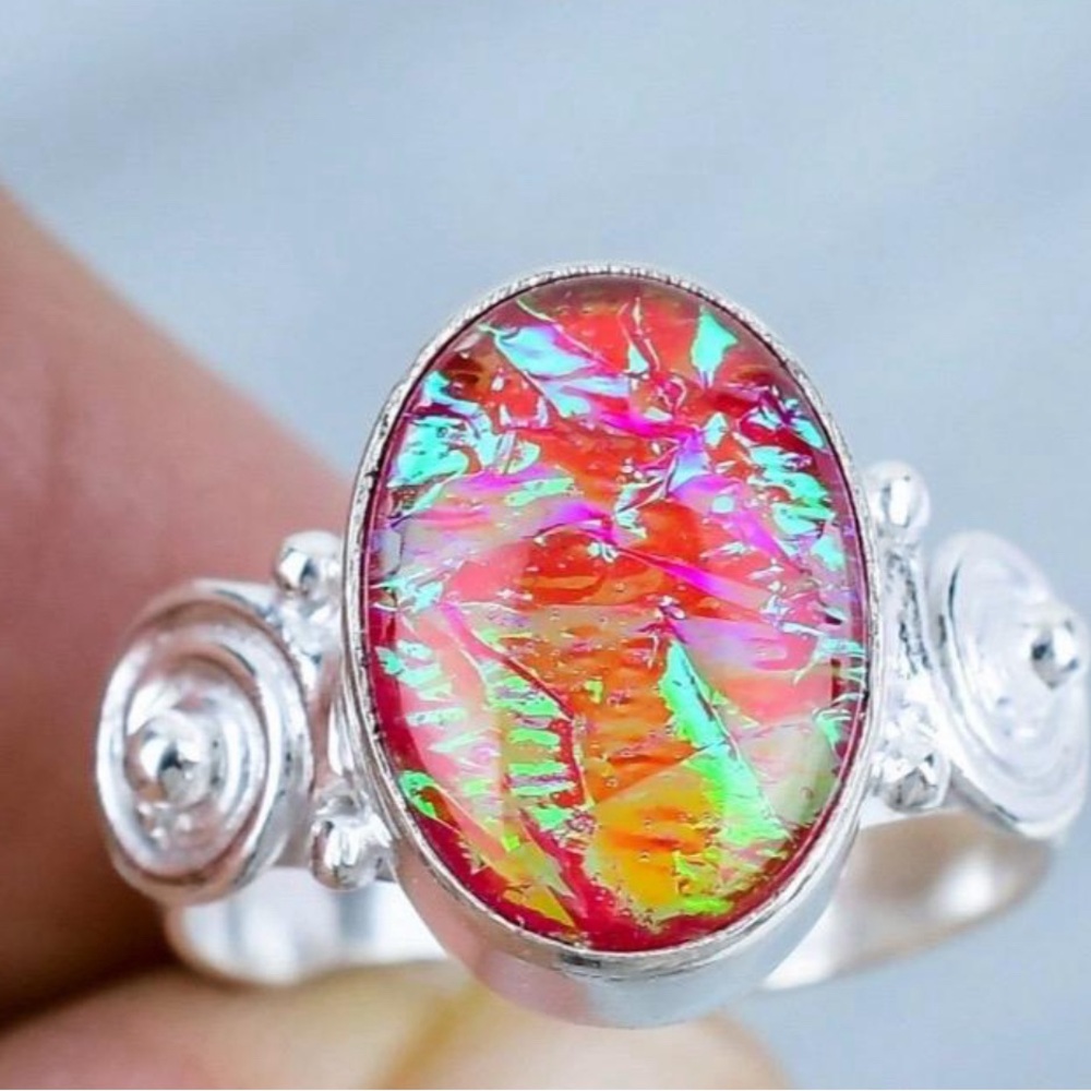 Size 12 Australian Fire Opal Gemstone 925 Sterling Silver Overlay Ring